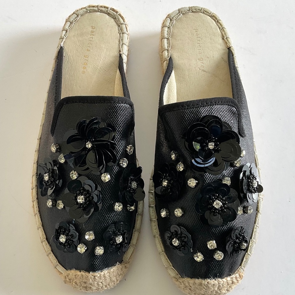 PATRICIA GREEN Tia Embellished Mule Espadrille Black Size 7.5 EU 38
